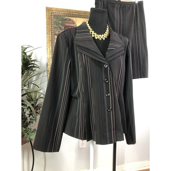 Romana Studio Women 2PC Skirt Suit 16 Long Sleeve Clueless Preppy Black 4 Button - Picture 2 of 13